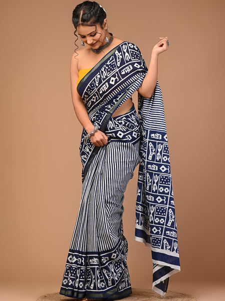 Lovwear Blue Indigo Line Cotton MulMul Saree with Zari Border - Pleats & Full Length View