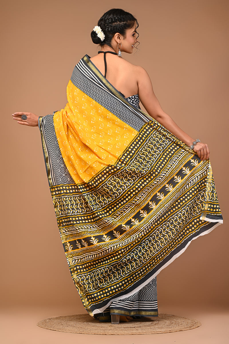 Lovwear Yellow & Grey Duo Booti Cotton MulMul Saree with Zari Border - Front View