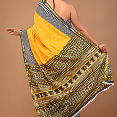Lovwear Yellow & Grey Duo Booti Cotton MulMul Saree with Zari Border - Front View