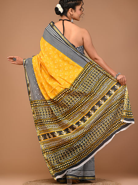 Lovwear Yellow & Grey Duo Booti Cotton MulMul Saree with Zari Border - Front View