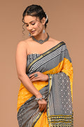 Lovwear Yellow & Grey Duo Booti Cotton MulMul Saree with Zari Border