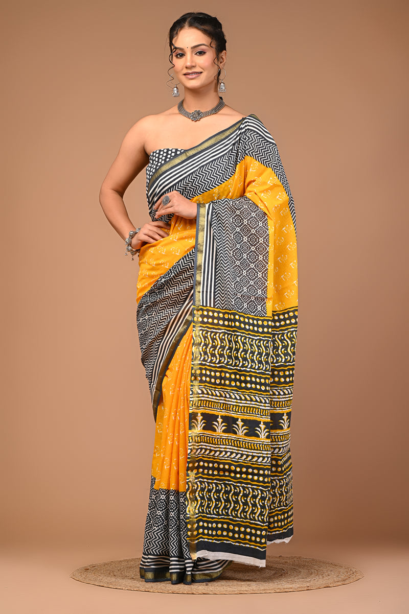 Lovwear Yellow & Grey Duo Booti Cotton MulMul Saree with Zari Border - Fabric Texture View