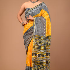 Lovwear Yellow & Grey Duo Booti Cotton MulMul Saree with Zari Border - Fabric Texture View