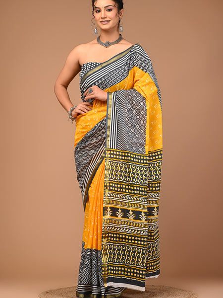 Lovwear Yellow & Grey Duo Booti Cotton MulMul Saree with Zari Border - Fabric Texture View
