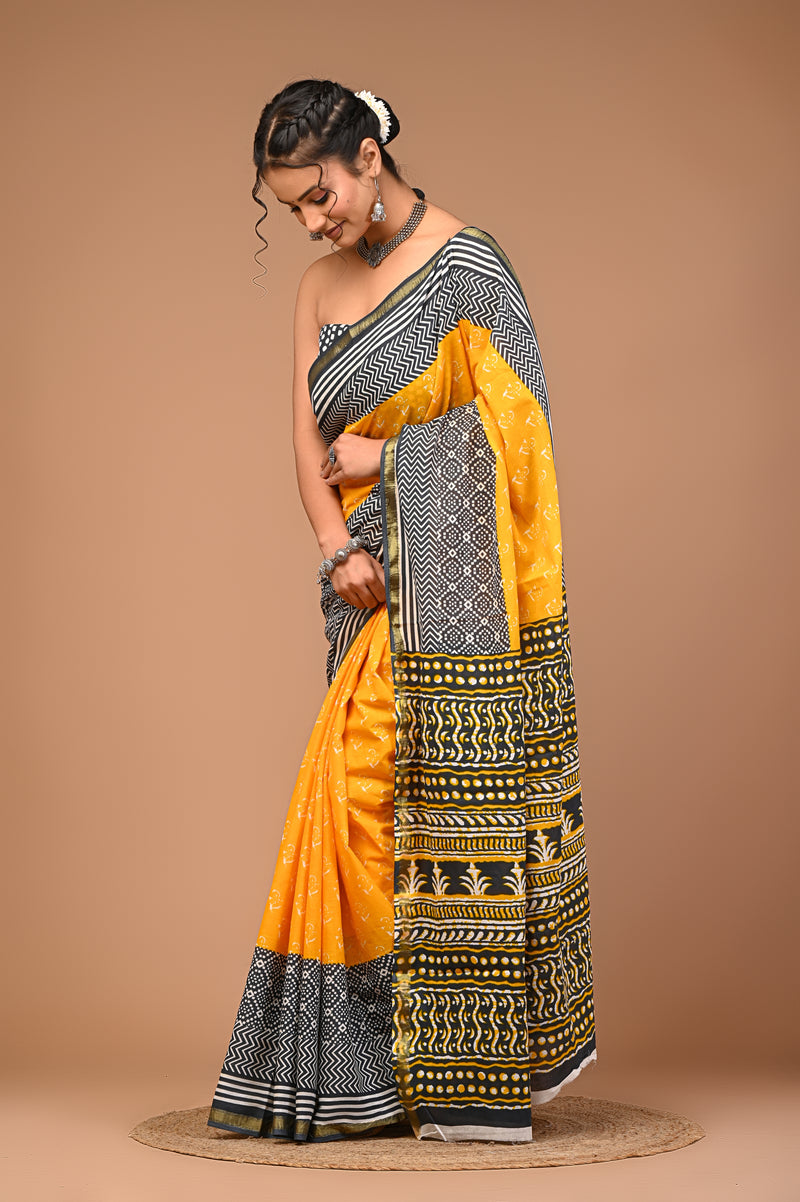 Lovwear Yellow & Grey Duo Booti Cotton MulMul Saree with Zari Border - Pleats & Full Length View