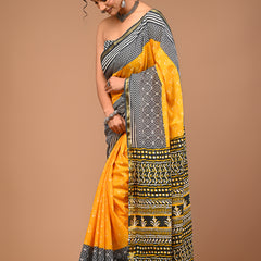 Lovwear Yellow & Grey Duo Booti Cotton MulMul Saree with Zari Border - Pleats & Full Length View