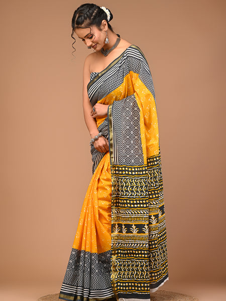 Lovwear Yellow & Grey Duo Booti Cotton MulMul Saree with Zari Border - Pleats & Full Length View