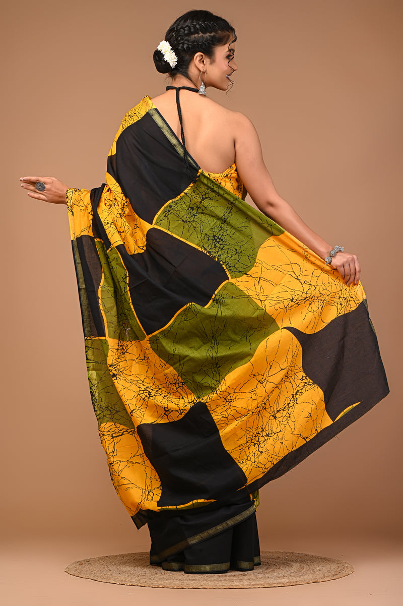 Lovwear Yellow & Black Patta Stripes Cotton MulMul Saree with Zari Border - Front View