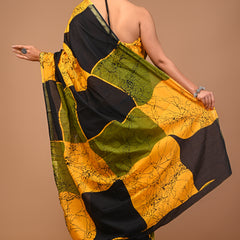 Lovwear Yellow & Black Patta Stripes Cotton MulMul Saree with Zari Border - Front View