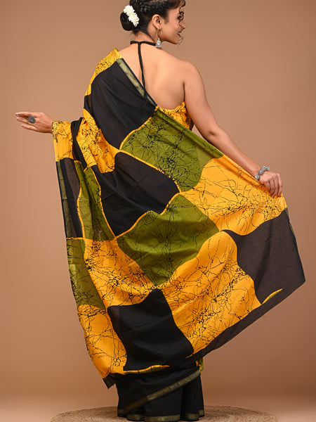 Lovwear Yellow & Black Patta Stripes Cotton MulMul Saree with Zari Border - Front View