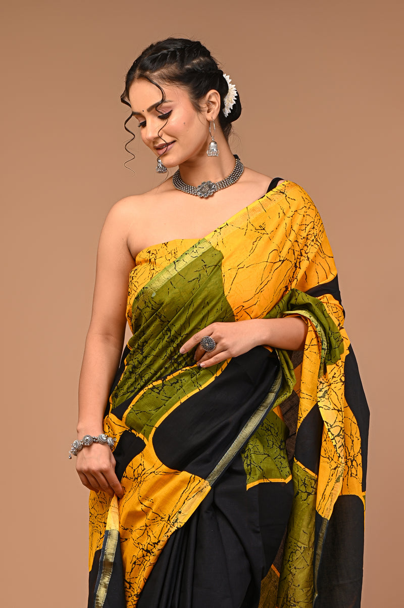 Lovwear Yellow & Black Patta Stripes Cotton MulMul Saree with Zari Border - Pallu & Border Detail View