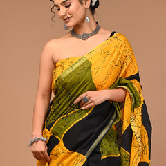 Lovwear Yellow & Black Patta Stripes Cotton MulMul Saree with Zari Border - Pallu & Border Detail View