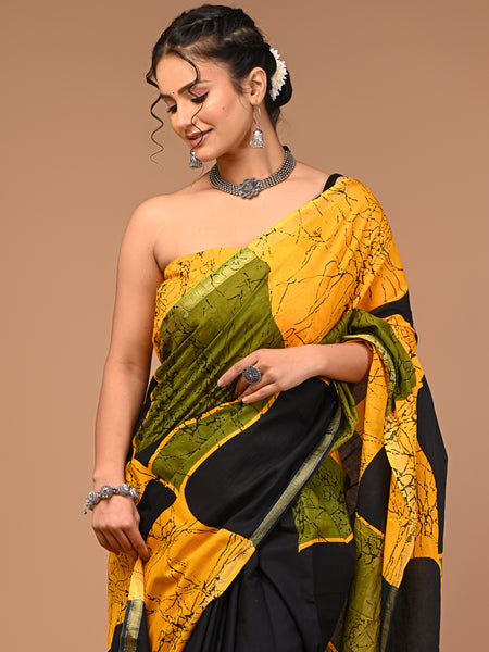 Lovwear Yellow & Black Patta Stripes Cotton MulMul Saree with Zari Border - Pallu & Border Detail View