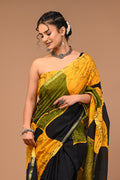 Lovwear Yellow & Black Patta Stripes Cotton MulMul Saree with Zari Border
