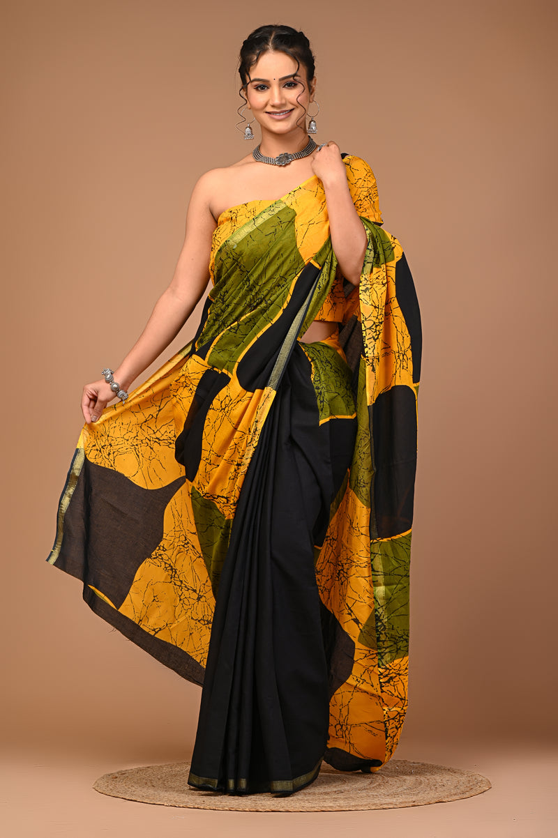 Lovwear Yellow & Black Patta Stripes Cotton MulMul Saree with Zari Border - Fabric Texture View