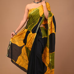 Lovwear Yellow & Black Patta Stripes Cotton MulMul Saree with Zari Border - Fabric Texture View