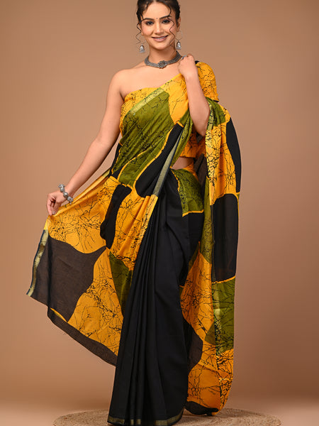 Lovwear Yellow & Black Patta Stripes Cotton MulMul Saree with Zari Border - Fabric Texture View