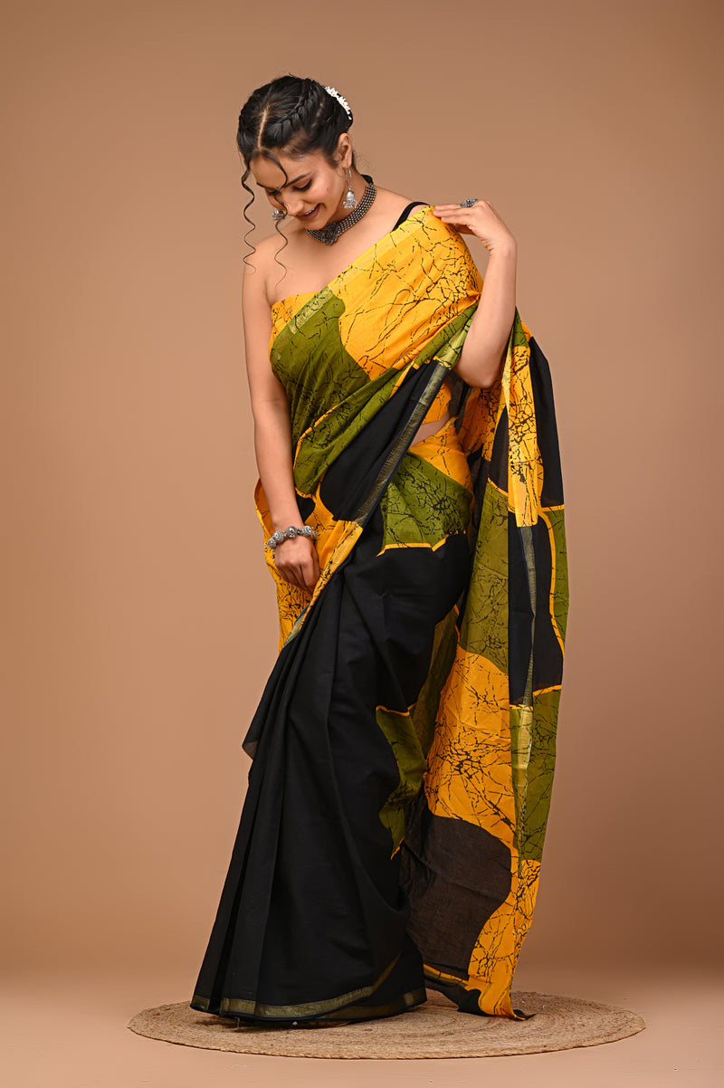 Lovwear Yellow & Black Patta Stripes Cotton MulMul Saree with Zari Border - Pleats & Full Length View