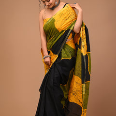 Lovwear Yellow & Black Patta Stripes Cotton MulMul Saree with Zari Border - Pleats & Full Length View