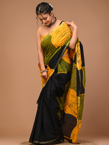 Lovwear Yellow & Black Patta Stripes Cotton MulMul Saree with Zari Border - Pleats & Full Length View