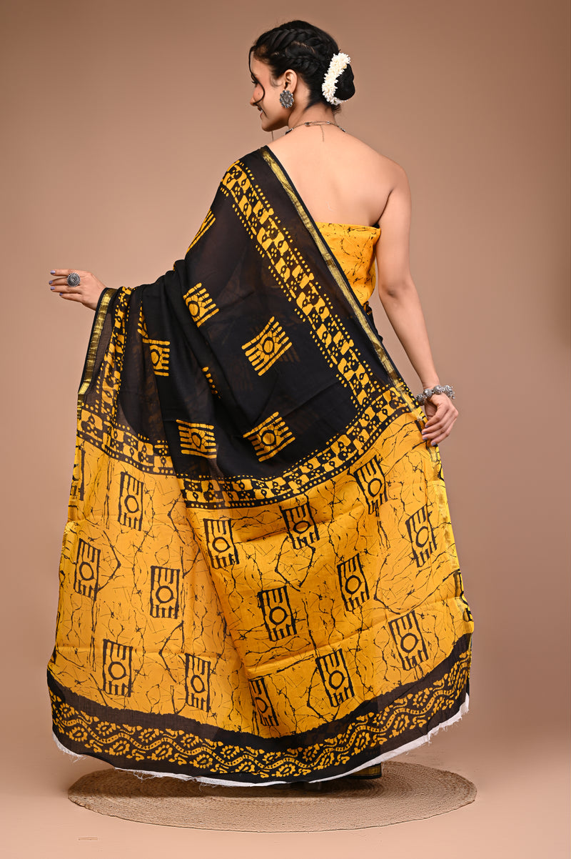 Lovwear Yellow Camera Motif Cotton MulMul Saree with Zari Border - Front View