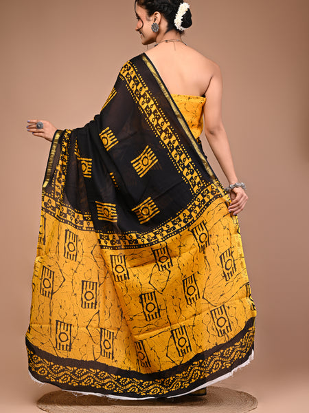 Lovwear Yellow Camera Motif Cotton MulMul Saree with Zari Border - Front View