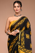Lovwear Yellow Camera Motif Cotton MulMul Saree with Zari Border