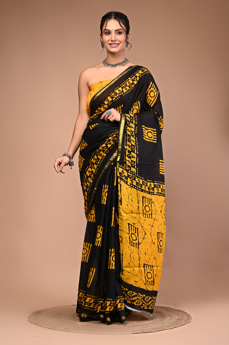 Lovwear Yellow Camera Motif Cotton MulMul Saree with Zari Border - Fabric Texture View