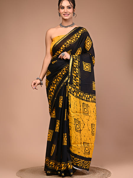 Lovwear Yellow Camera Motif Cotton MulMul Saree with Zari Border - Fabric Texture View