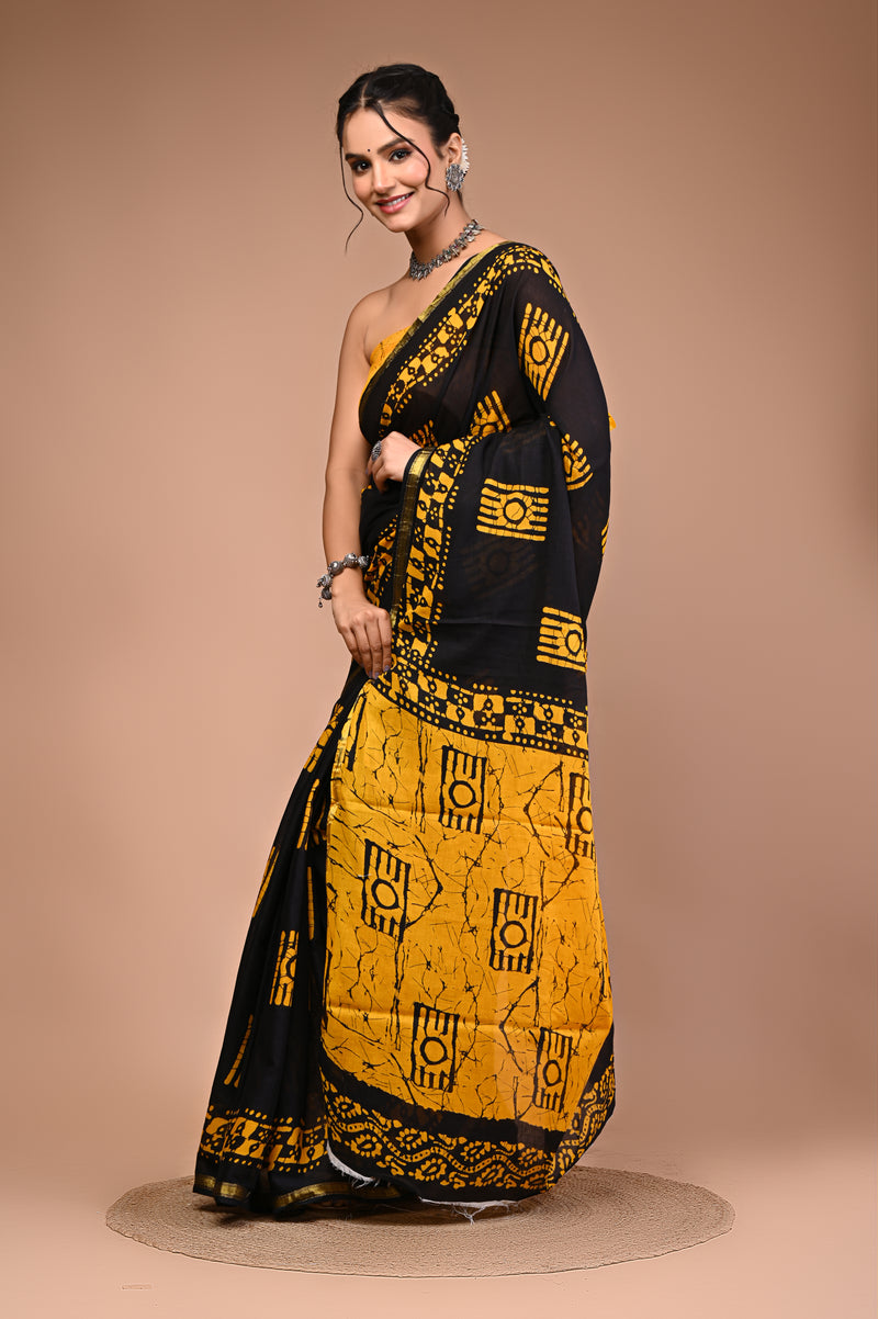Lovwear Yellow Camera Motif Cotton MulMul Saree with Zari Border - Pleats & Full Length View