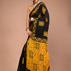 Lovwear Yellow Camera Motif Cotton MulMul Saree with Zari Border - Pleats & Full Length View