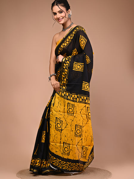 Lovwear Yellow Camera Motif Cotton MulMul Saree with Zari Border - Pleats & Full Length View