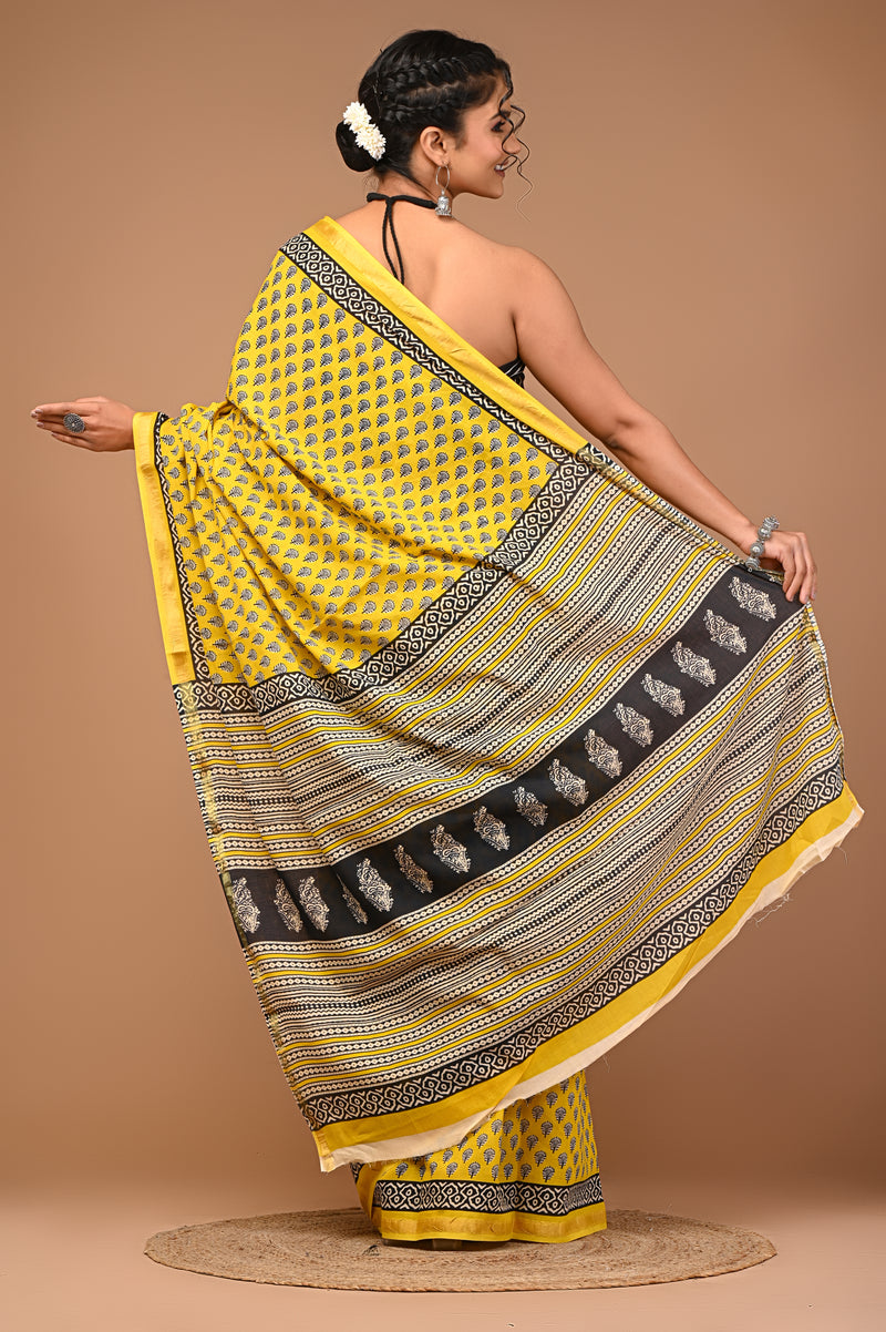 Lovwear Yellow Bagru Buti Cotton MulMul Saree with Zari Border - Front View