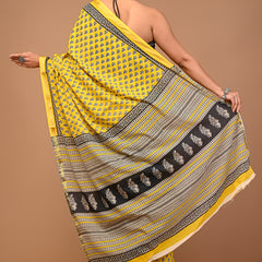 Lovwear Yellow Bagru Buti Cotton MulMul Saree with Zari Border - Front View