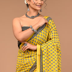 Lovwear Yellow Bagru Buti Cotton MulMul Saree with Zari Border - Pallu & Border Detail View