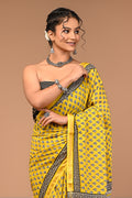 Lovwear Yellow Bagru Buti Cotton MulMul Saree with Zari Border