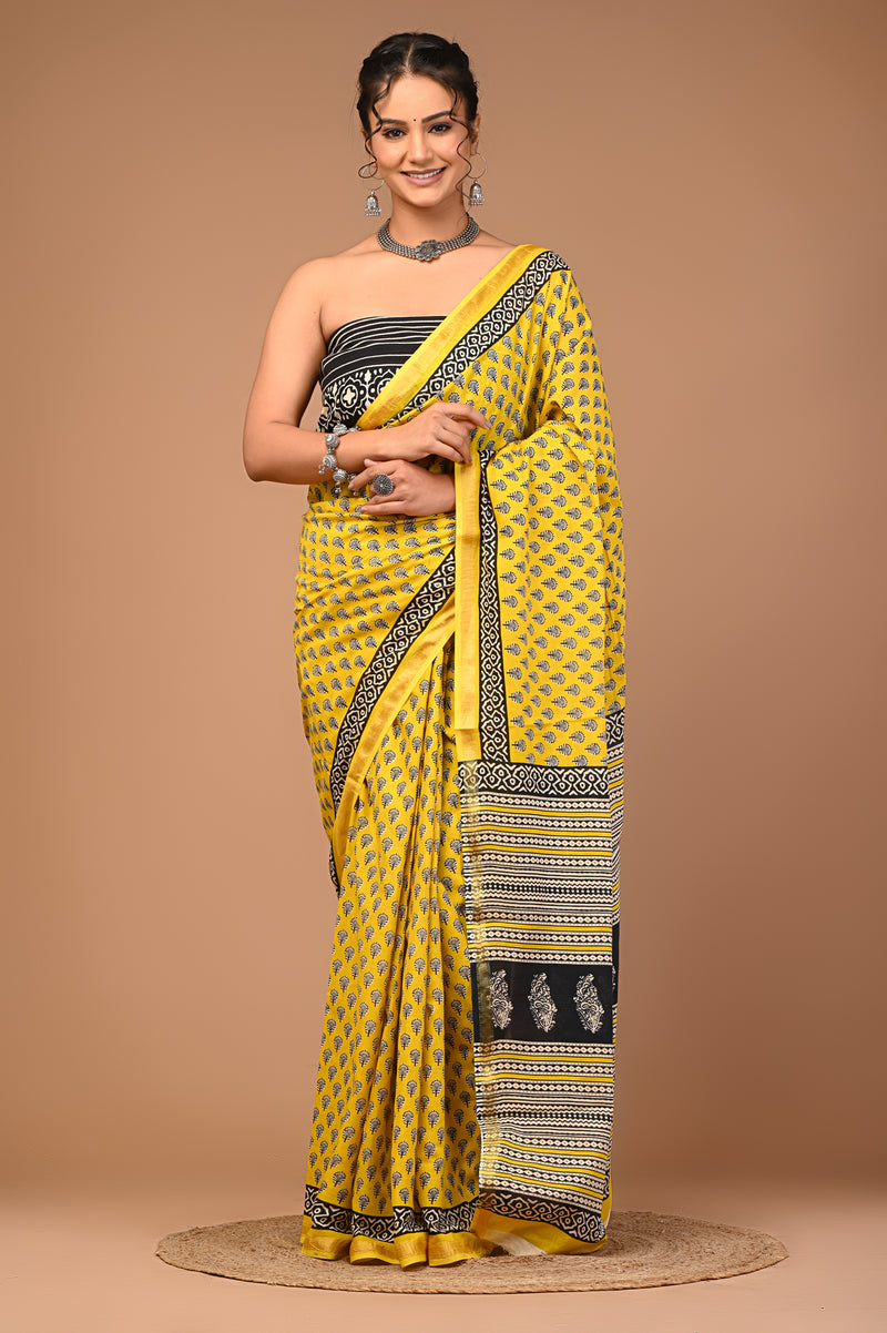 Lovwear Yellow Bagru Buti Cotton MulMul Saree with Zari Border - Fabric Texture View