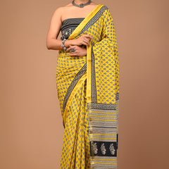 Lovwear Yellow Bagru Buti Cotton MulMul Saree with Zari Border - Fabric Texture View