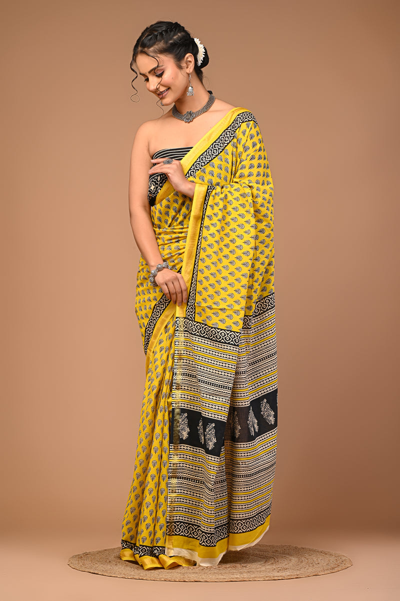 Lovwear Yellow Bagru Buti Cotton MulMul Saree with Zari Border - Pleats & Full Length View