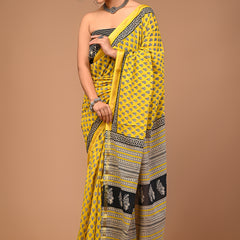 Lovwear Yellow Bagru Buti Cotton MulMul Saree with Zari Border - Pleats & Full Length View