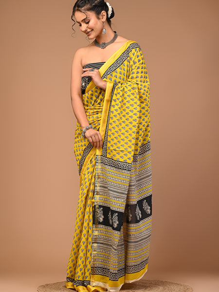 Lovwear Yellow Bagru Buti Cotton MulMul Saree with Zari Border - Pleats & Full Length View