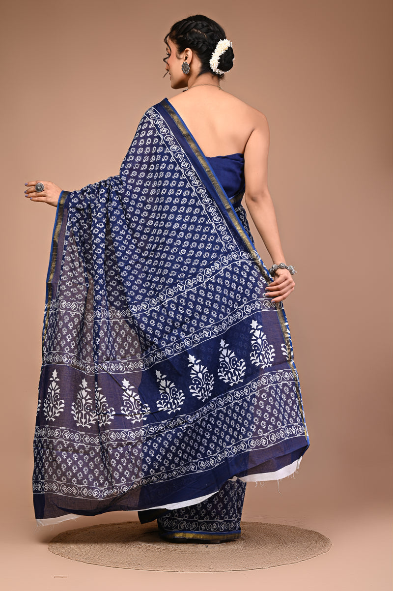 Lovwear Blue Indigo Booti Cotton MulMul Saree with Zari Border - Front View