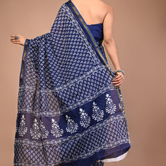 Lovwear Blue Indigo Booti Cotton MulMul Saree with Zari Border - Front View