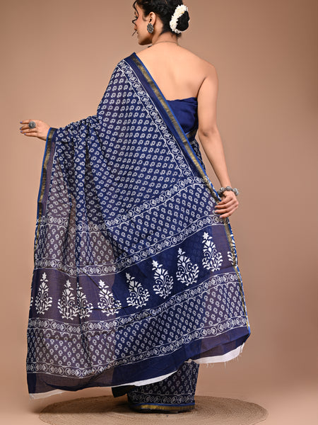 Lovwear Blue Indigo Booti Cotton MulMul Saree with Zari Border - Front View