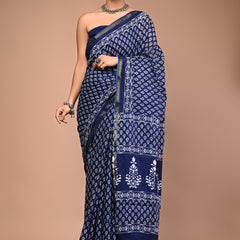 Lovwear Blue Indigo Booti Cotton MulMul Saree with Zari Border - Pallu & Border Detail View