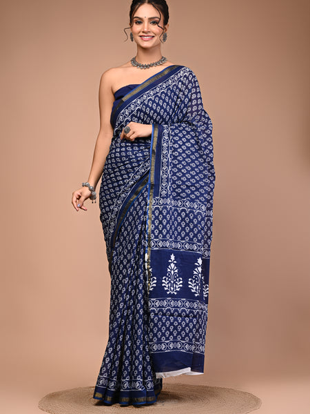 Lovwear Blue Indigo Booti Cotton MulMul Saree with Zari Border - Pallu & Border Detail View