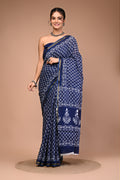 Lovwear Blue Indigo Booti Cotton MulMul Saree with Zari Border