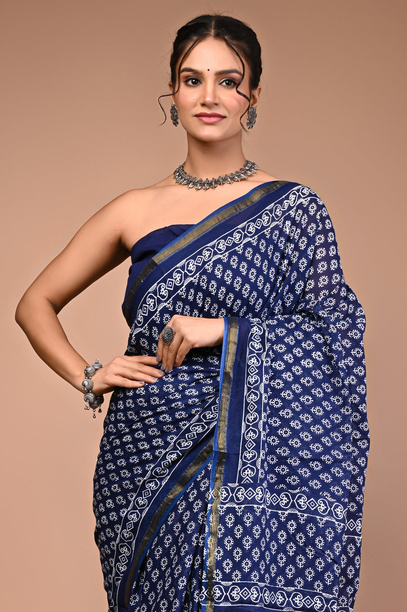 Lovwear Blue Indigo Booti Cotton MulMul Saree with Zari Border - Fabric Texture View