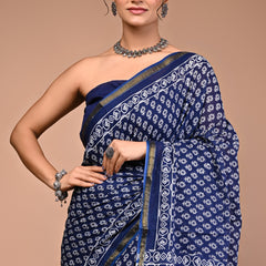 Lovwear Blue Indigo Booti Cotton MulMul Saree with Zari Border - Fabric Texture View