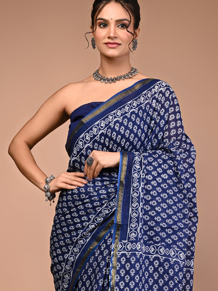 Lovwear Blue Indigo Booti Cotton MulMul Saree with Zari Border - Fabric Texture View